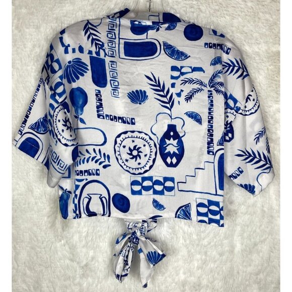 NWT Peach Medium Blue & White Short Sleeve Crop Top Waist Tie Collared V-Neck - Picture 6 of 8